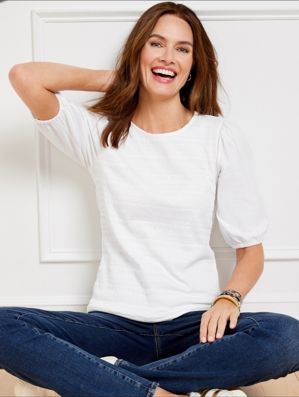 ❤️ NWT! TALBOTS PUCKER KNIT PUFF SLEEVE TOP, WHITE, LARGE